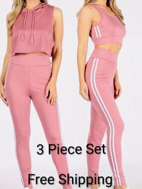 3-Piece Dusty Rose Active Set — High-Waist Leggings, Sports Bra & Cropped Hoodie